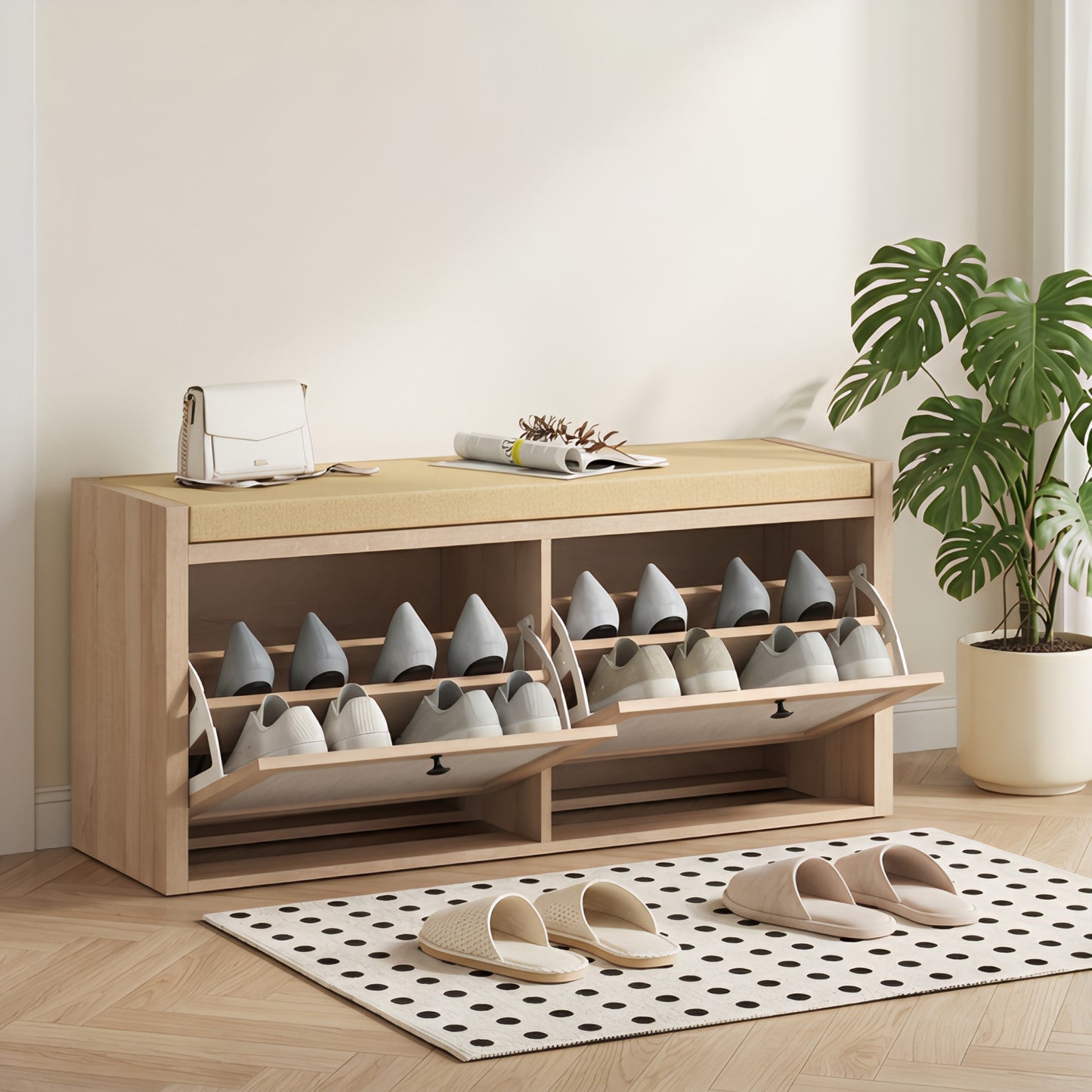 Rattan Shoe Bench with Padded Cushion and 2 Cabinets for Hidden Storage, Oak Wood Effect