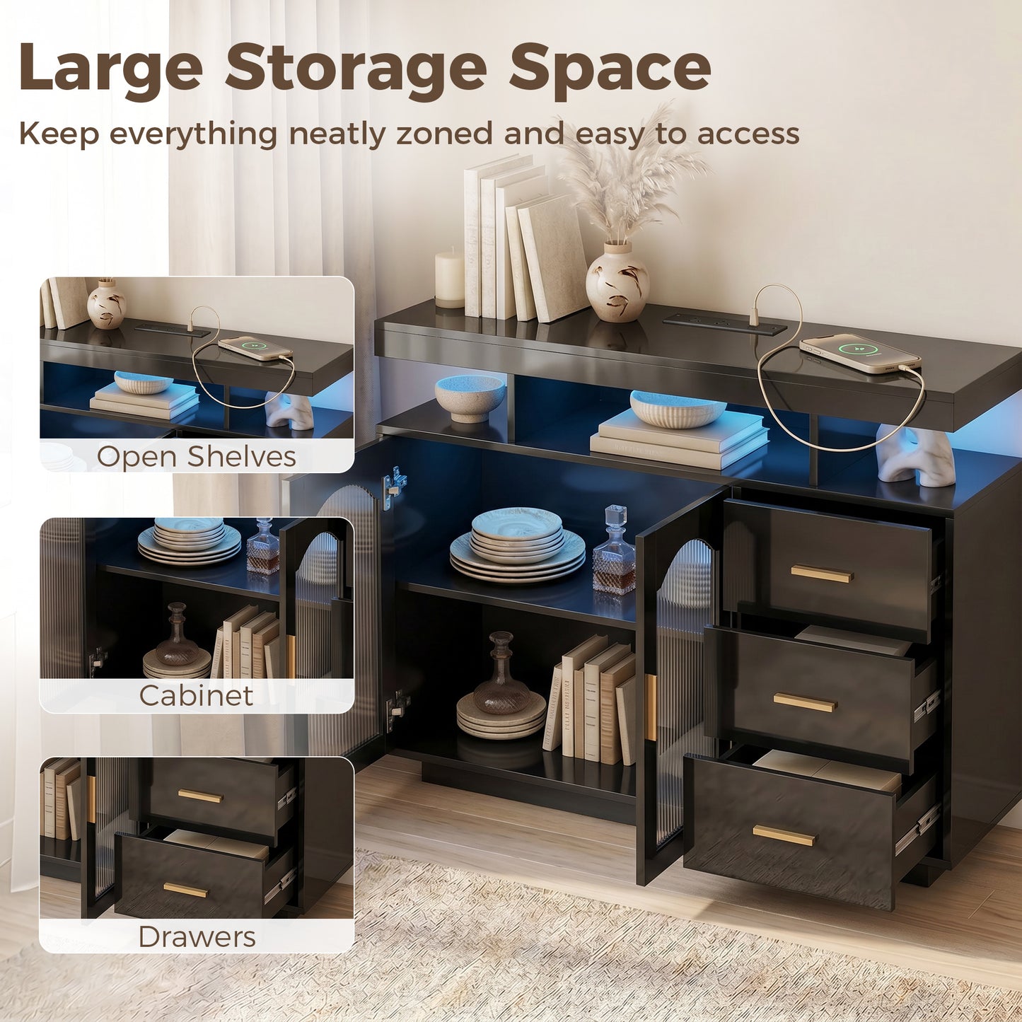 High Gloss Sideboard with LED Lights, Built-in Power Outlets, 3 Drawers, Shelves and 2 Acrylic Doors, Black