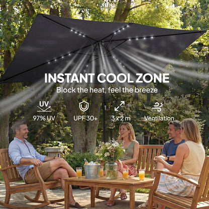 3 x 2 m Garden Parasol Umbrella with LED Solar Light, Parasol Cover, Outdoor Market Patio Umbrella, Black