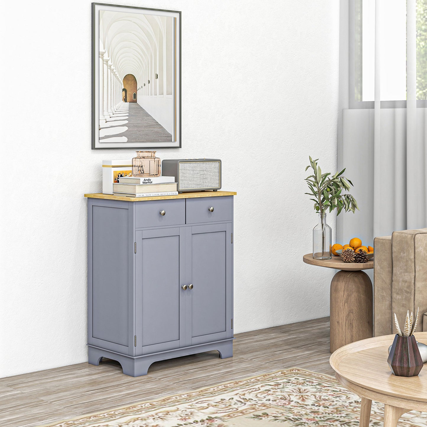 Side Storage Multi-use Sideboard Table Kitchen Floor Cabinet with Solid Wood Top, Adjustable Shelf, Drawer, Grey