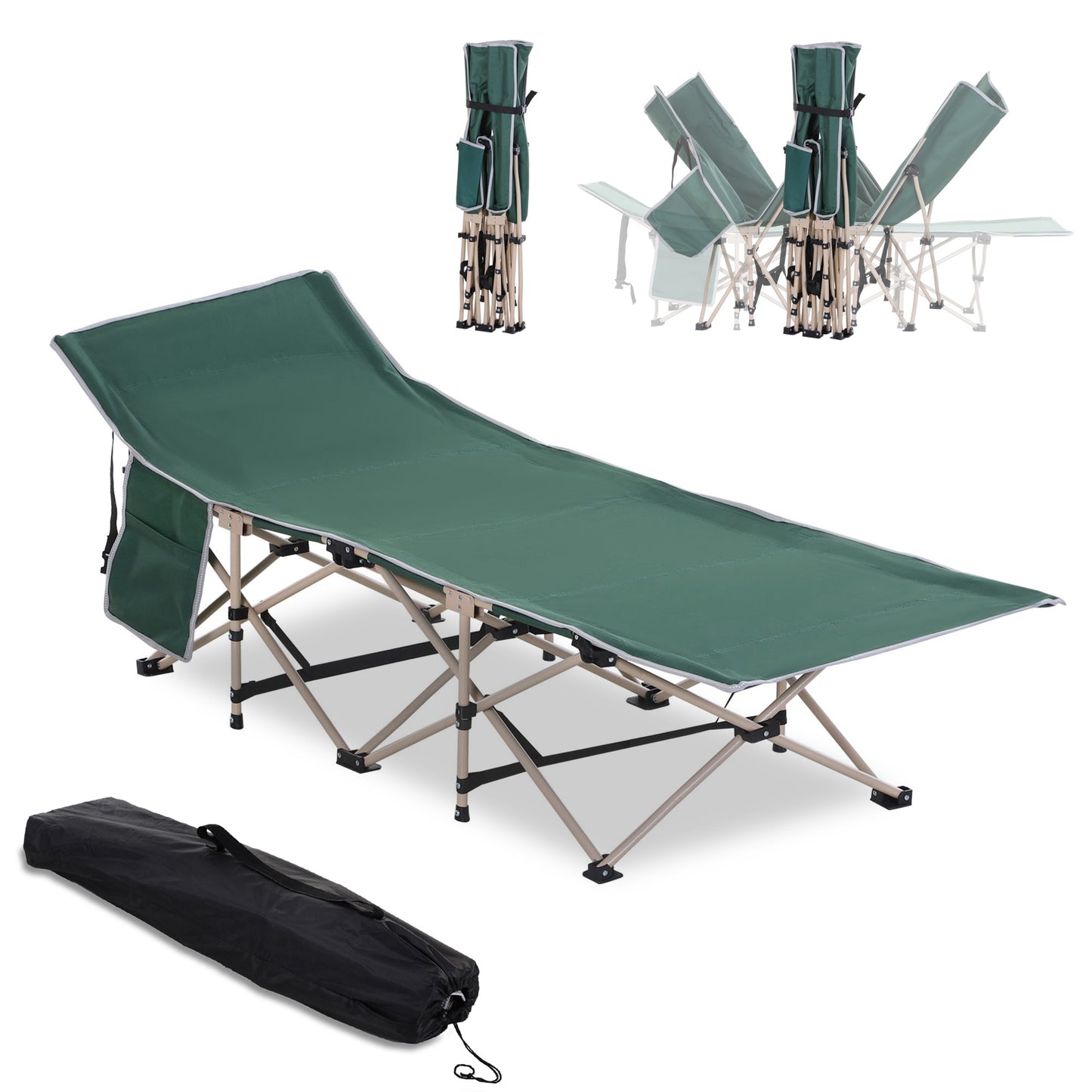 Single Person Camping Bed Folding Cot Outdoor Patio Portable Military Sleeping Bed Travel Guest Leisure Fishing with Side Poc