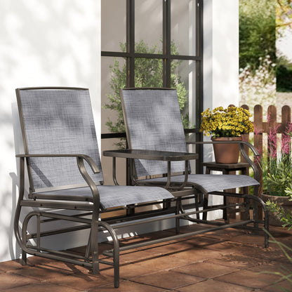 2 Seats Garden Glider Bench, Metal Frame Loveseat with Glass Top Centre Table, Porch Rocking Glider for 2 Person, for Deck