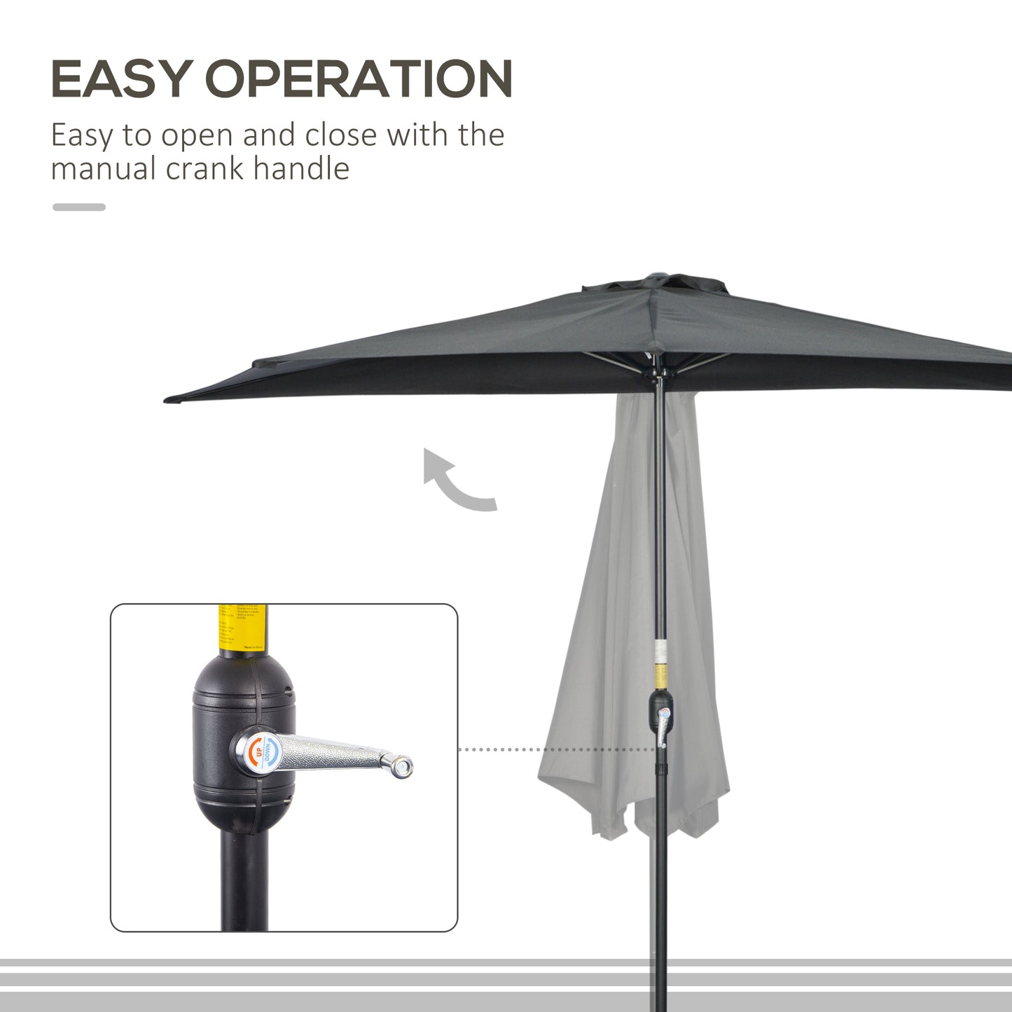 3(m) Half Parasol, Semi Round Umbrella with Metal Frame, Crank Handle for Balcony, Garden, Black
