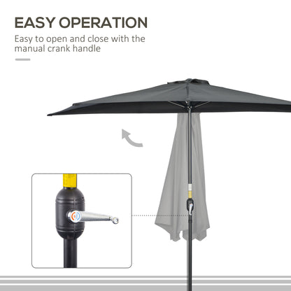 3(m) Half Parasol, Semi Round Umbrella with Metal Frame, Crank Handle for Balcony, Garden, Black