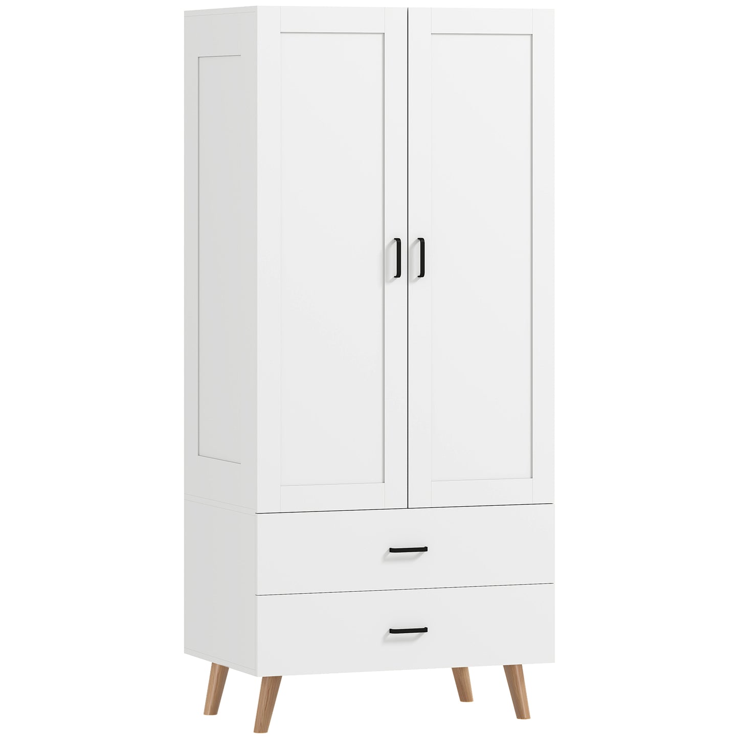 2-Door Wardrobe, Modern Wardrobe with 2 Drawers and Hanging Rail for Bedroom, White