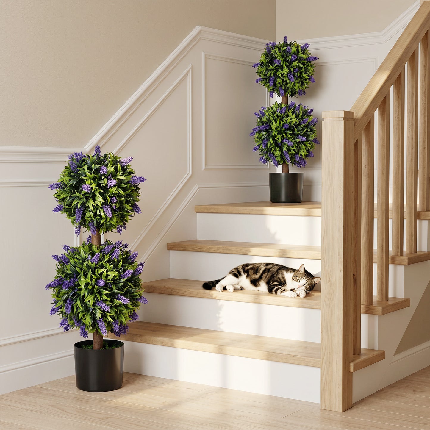 Set of 2 Artificial Plants, Lavender Flowers Ball Trees with Pot, for Home Indoor Outdoor Decor, 70cm