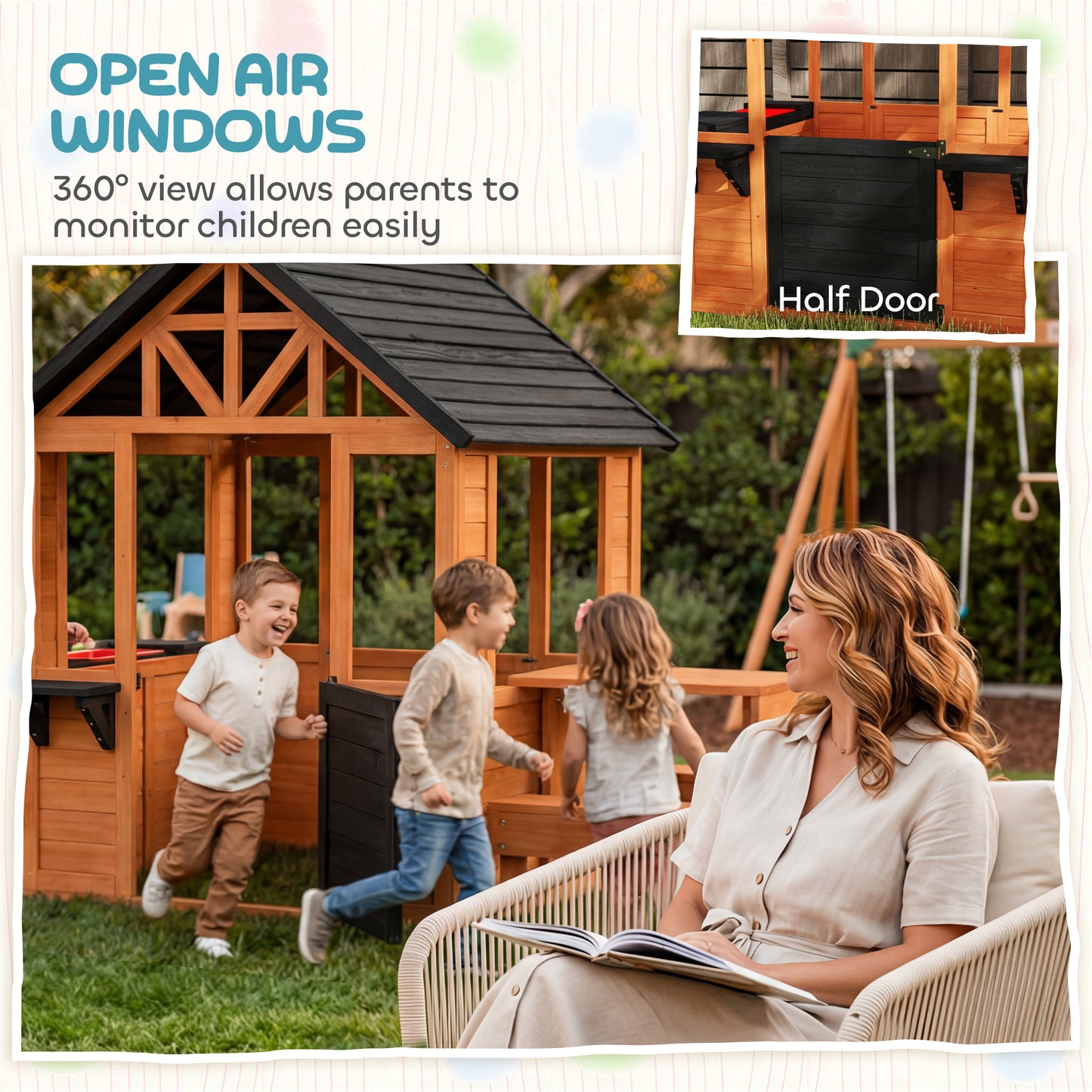 Wooden Playhouse Playhouse for Kids with Table, Benches, Sink Table, Windows, Flowerpot Holders, for Ages 3-8, Brown
