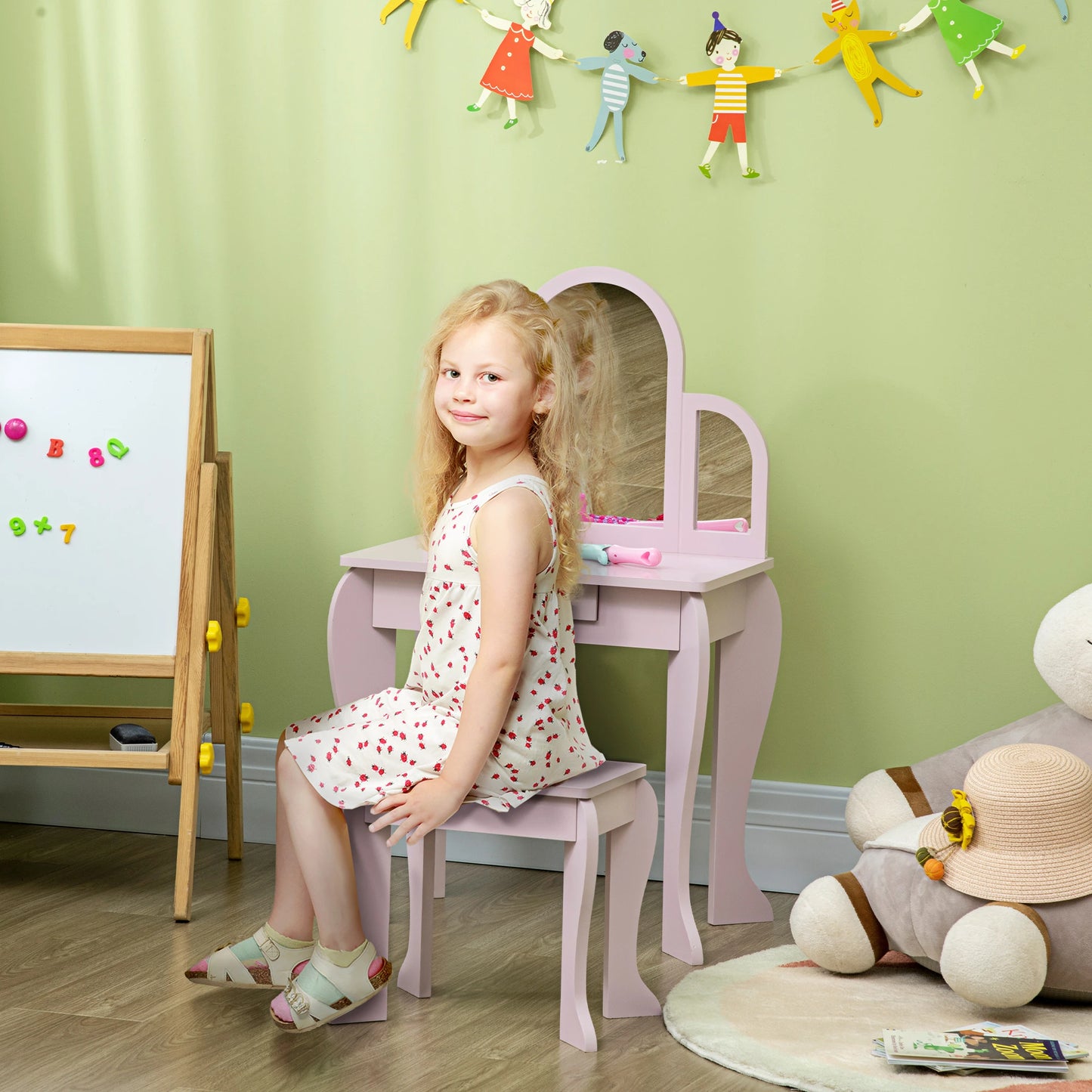 Kids Vanity Mirror Dressing Table with Chair and Drawer Storage - Pink