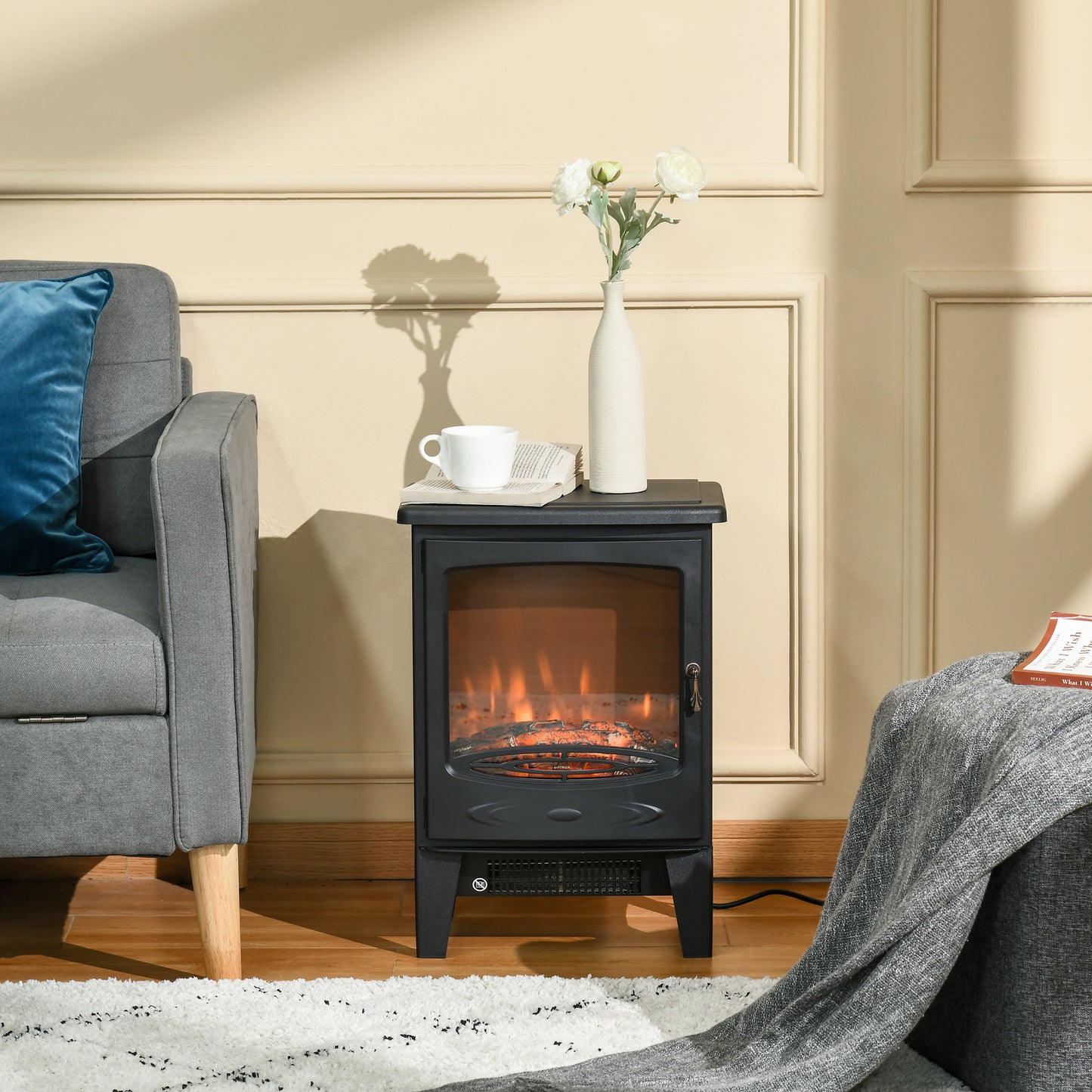 Electric Fireplace Stove, Free standing Fireplace Heater with Realistic LED Flame Effect and Adjustable Brightness