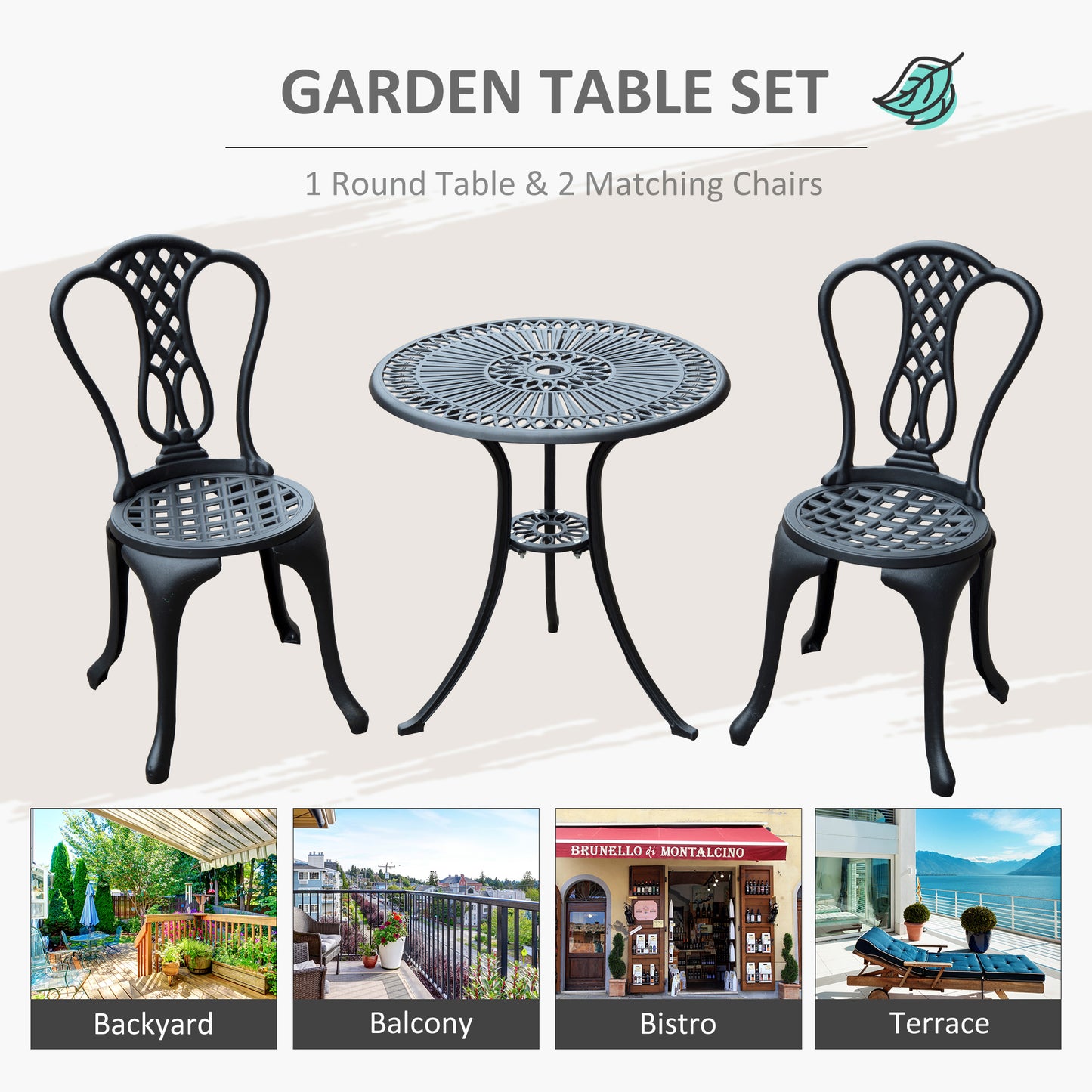 3 Piece Small Patio Furnture Cast Aluminium Bistro Set Garden Outdoor Table and Chairs Shabby Chic Style