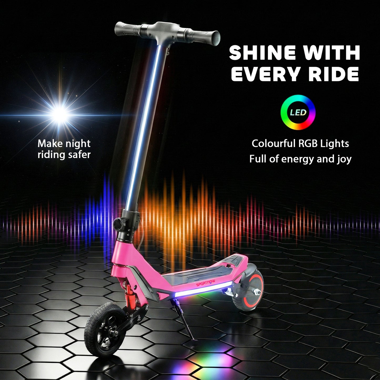 Electric Scooter for Kids, Foldable E Scooter for Age Age 6+ with LED Display, RGB lights, Up to 16km/h, Pink