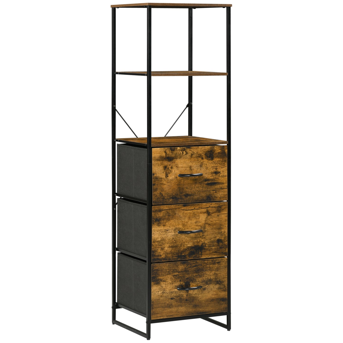 Industrial Storage Cabinet with 2 Open Shelves and 3 Foldable Fabric Drawers, Multifunctional Bookshelf in Living Room