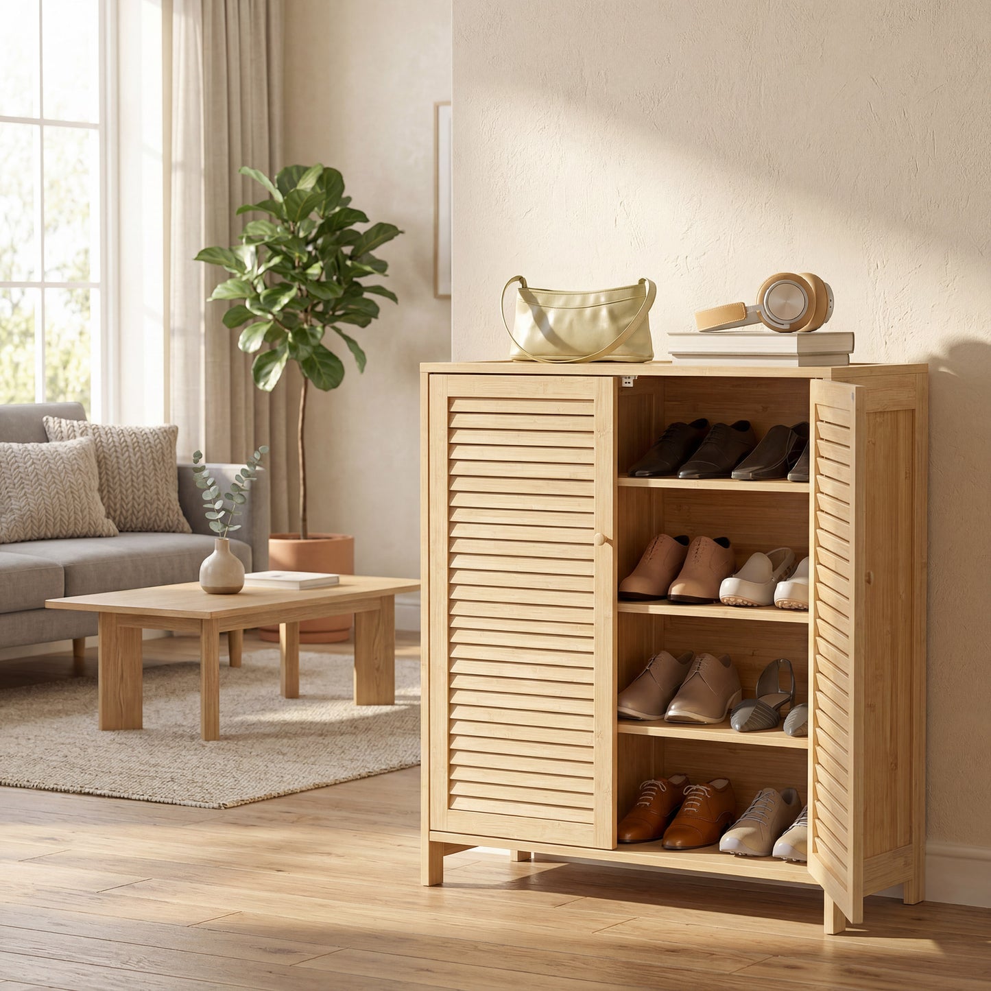 Bamboo Shoe Cabinet with Louvered Doors, 14 Pairs Shoe Storage Cabinet with Adjustable Shelves for Hallway, Natural