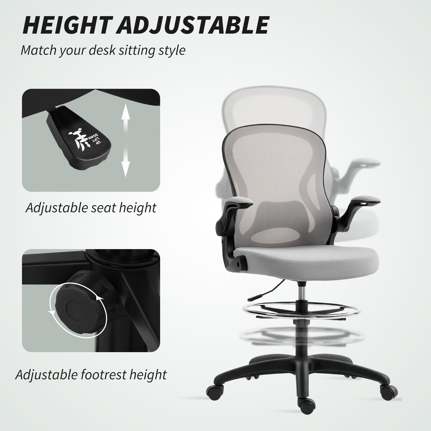 Adjustable Mesh Standing Desk Chair with Flip-up Armrests Lumbar Support Armrests Adjustable Footrest Ring Grey