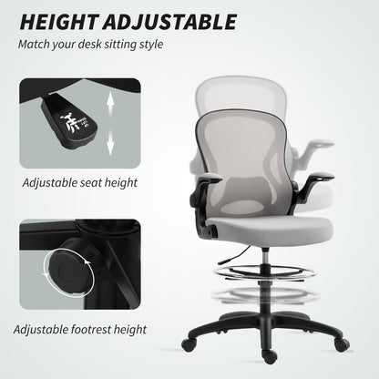 Adjustable Mesh Standing Desk Chair with Flip-up Armrests Lumbar Support Armrests Adjustable Footrest Ring Grey