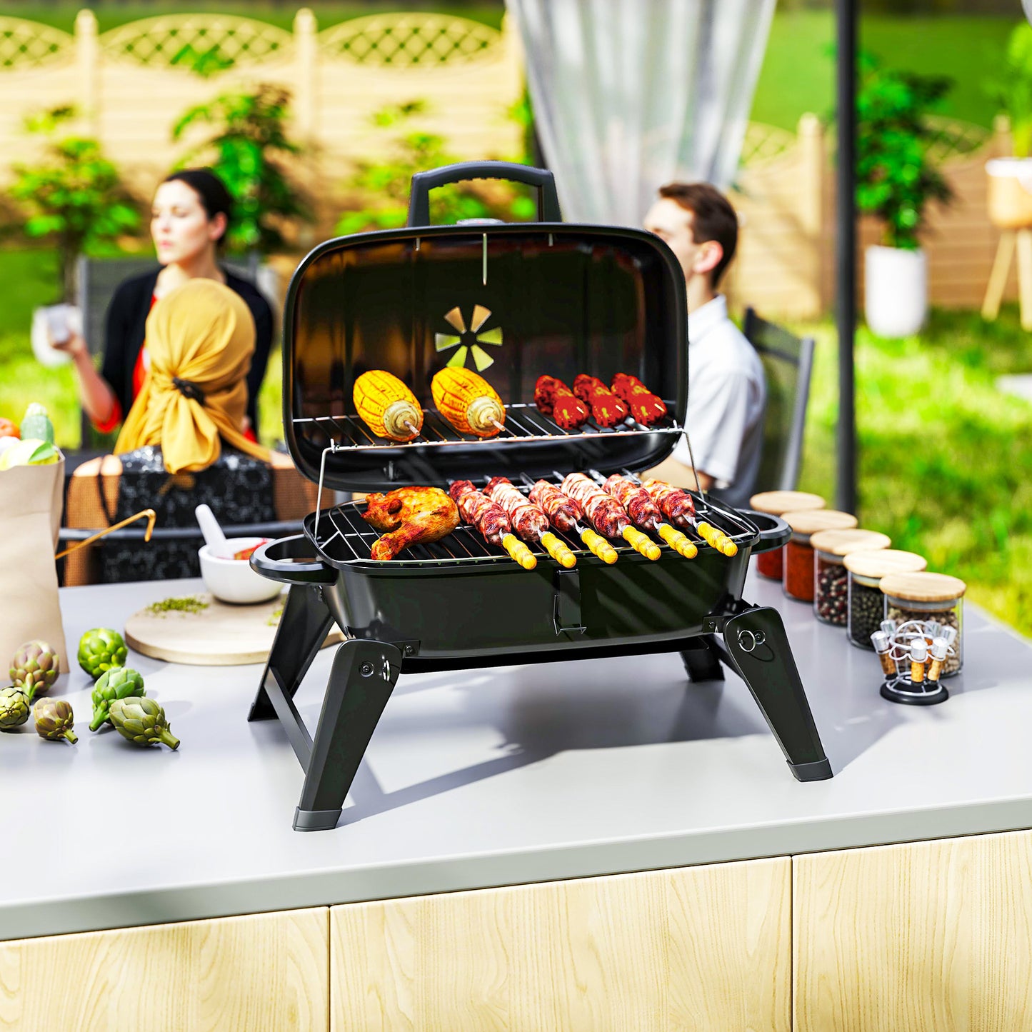 Charcoal Barbecue Grill Folding Portable BBQ Grill for Camping with 1232 cm² Cooking Area, Adjustable Vent, Thermometer