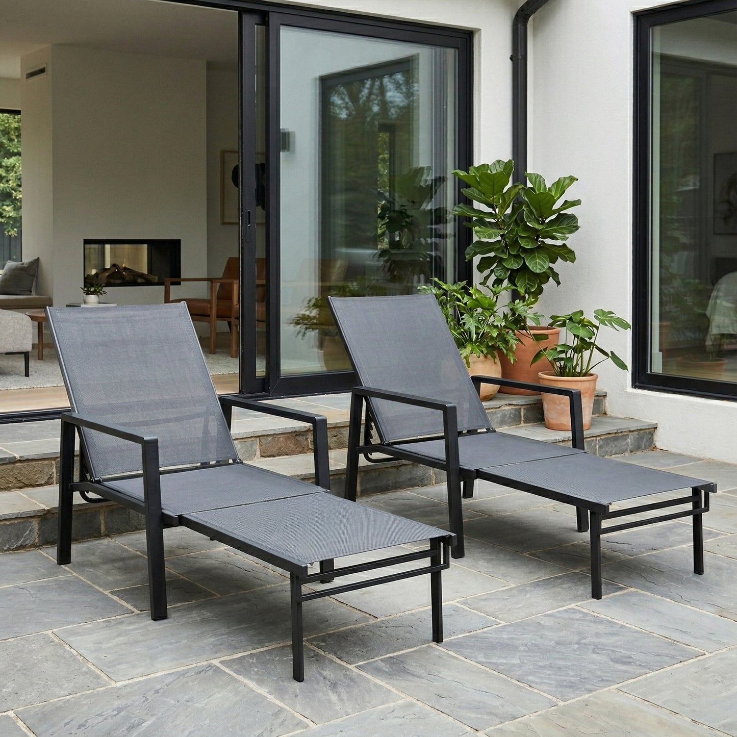 Sun Loungers Set of 2 Retractable Footrest 5-Position Adjustable Steel Frame for Beach, Porch, Patio, Camping, Dark Grey
