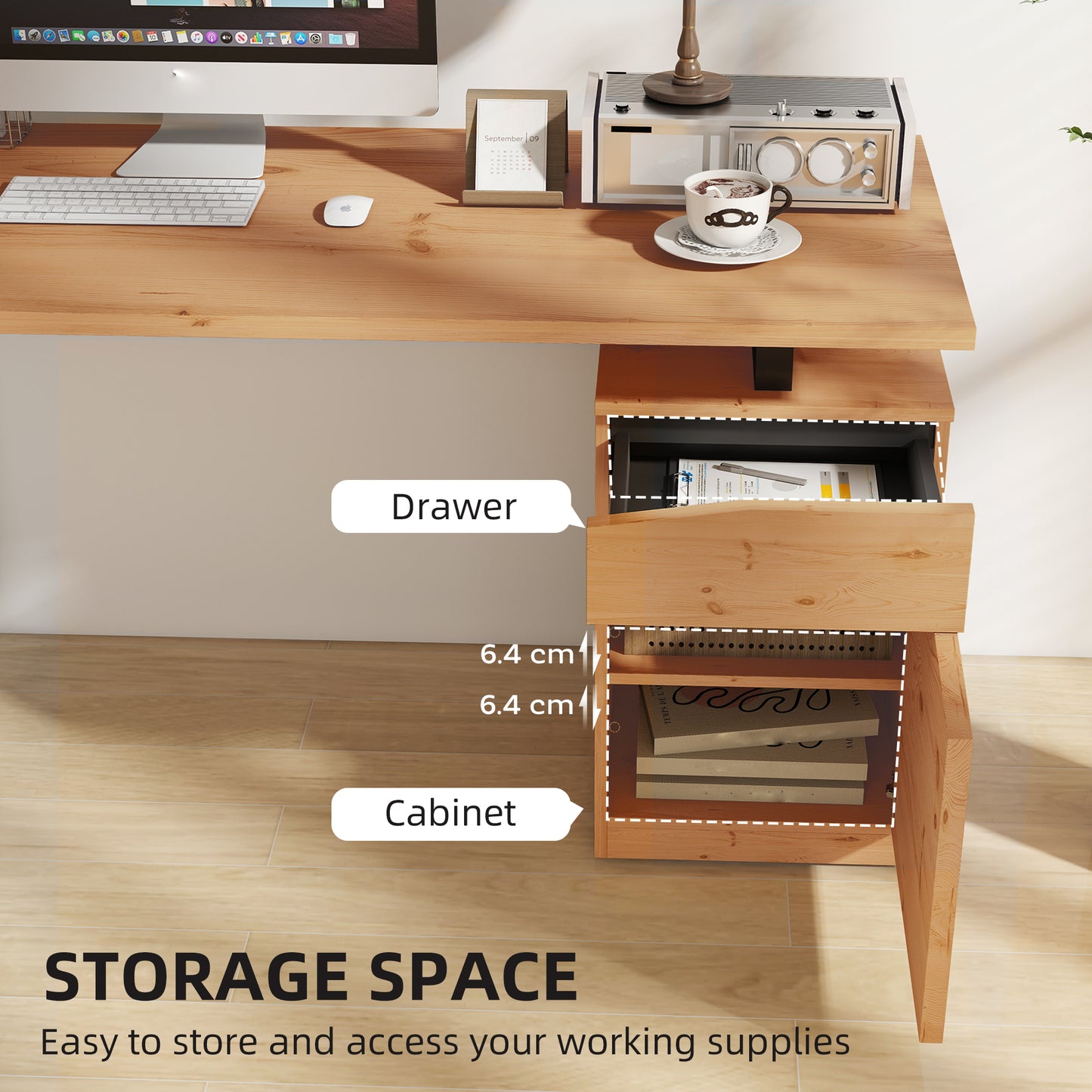 Computer Desk, Writing Desk with Cabinet, Drawer, Metal Legs, Work Table for Home Office Study, Natural Wood Finish