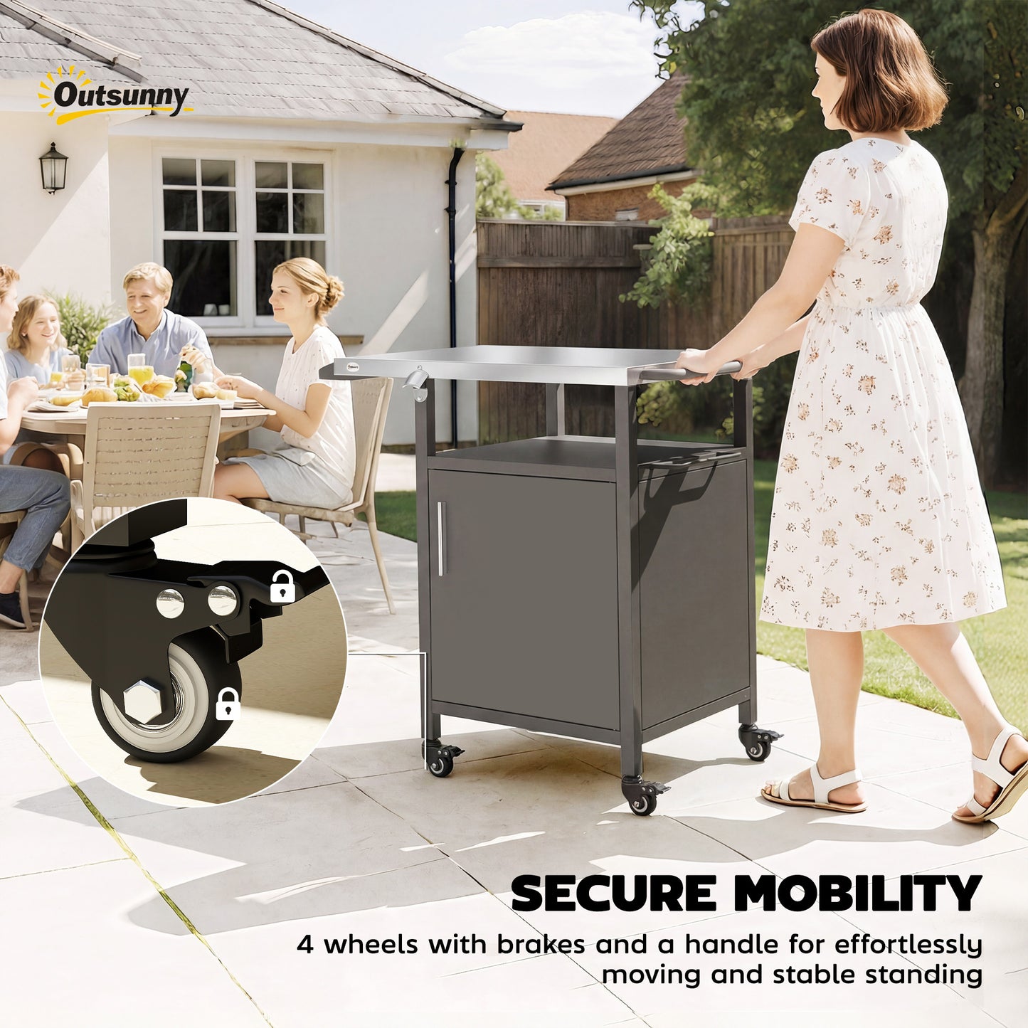 Grill Cart with Stainless Steel Top, Pizza Oven Stand with Cabinet, Spice Rack, Towel Holder, Bottle Opener, Brown