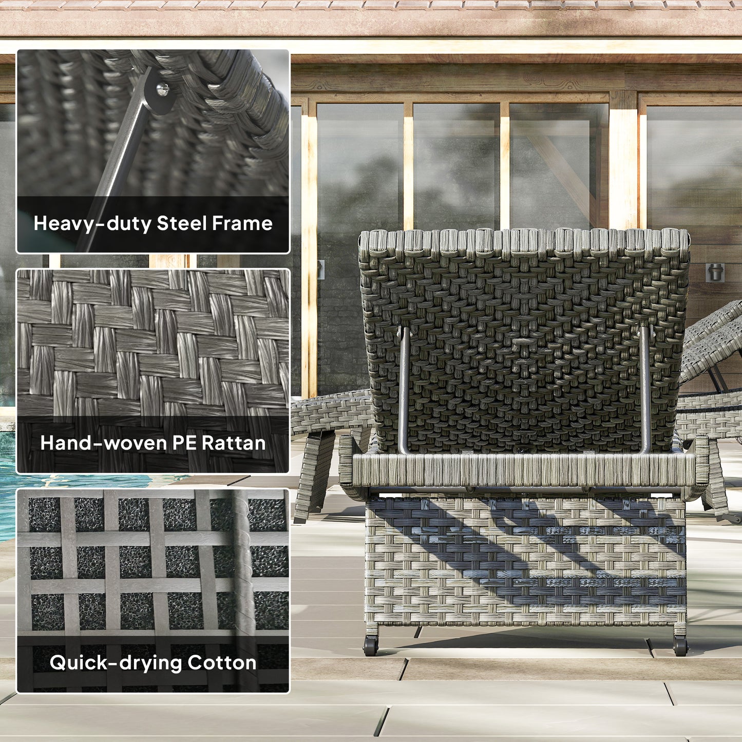 Outdoor PE Rattan Sun Lounger, Folding Wicker Garden Lounger Recliner with 4-Level Adjustable Backrest