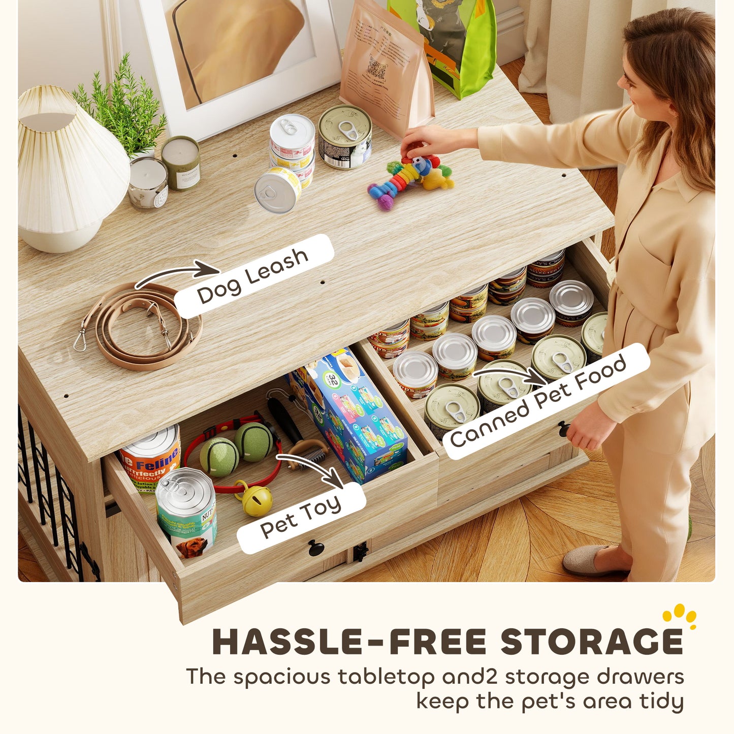 Dog Crate Furniture on Wheels, Dog Cage with 2 Drawers, Sliding Door, for Medium Large Dogs, Oak Tone