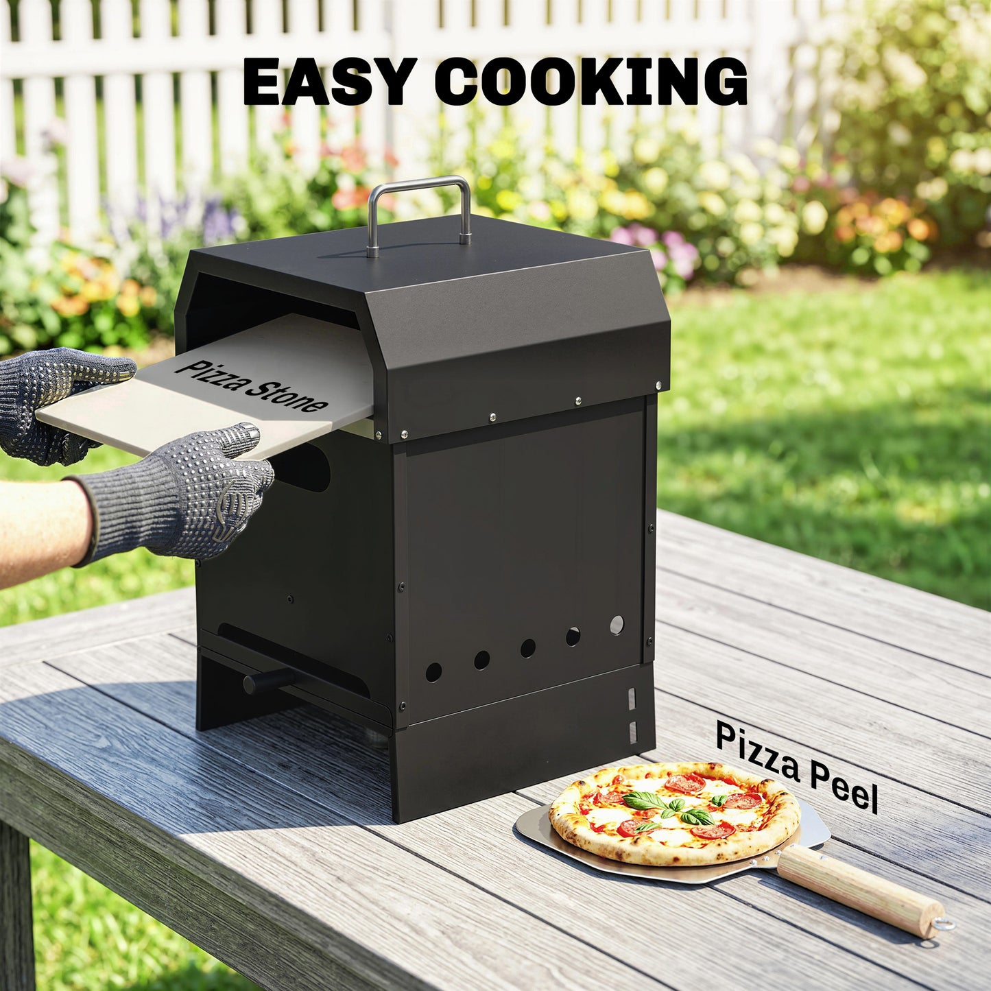 3 in 1 Outdoor Pizza Oven, Portable Wood Fired Pizza Maker with Handles, Stone and Peel