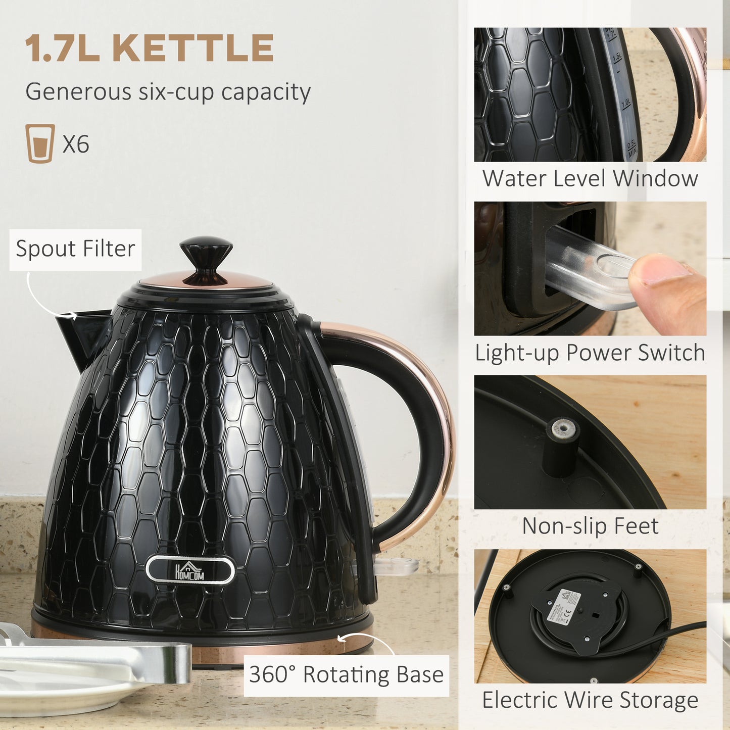 1.7L 3000W Fast Boil Kettle & 4 Slice Toaster Set, Kettle and Toaster Set with 7 Browning Controls, Crumb Tray, Black