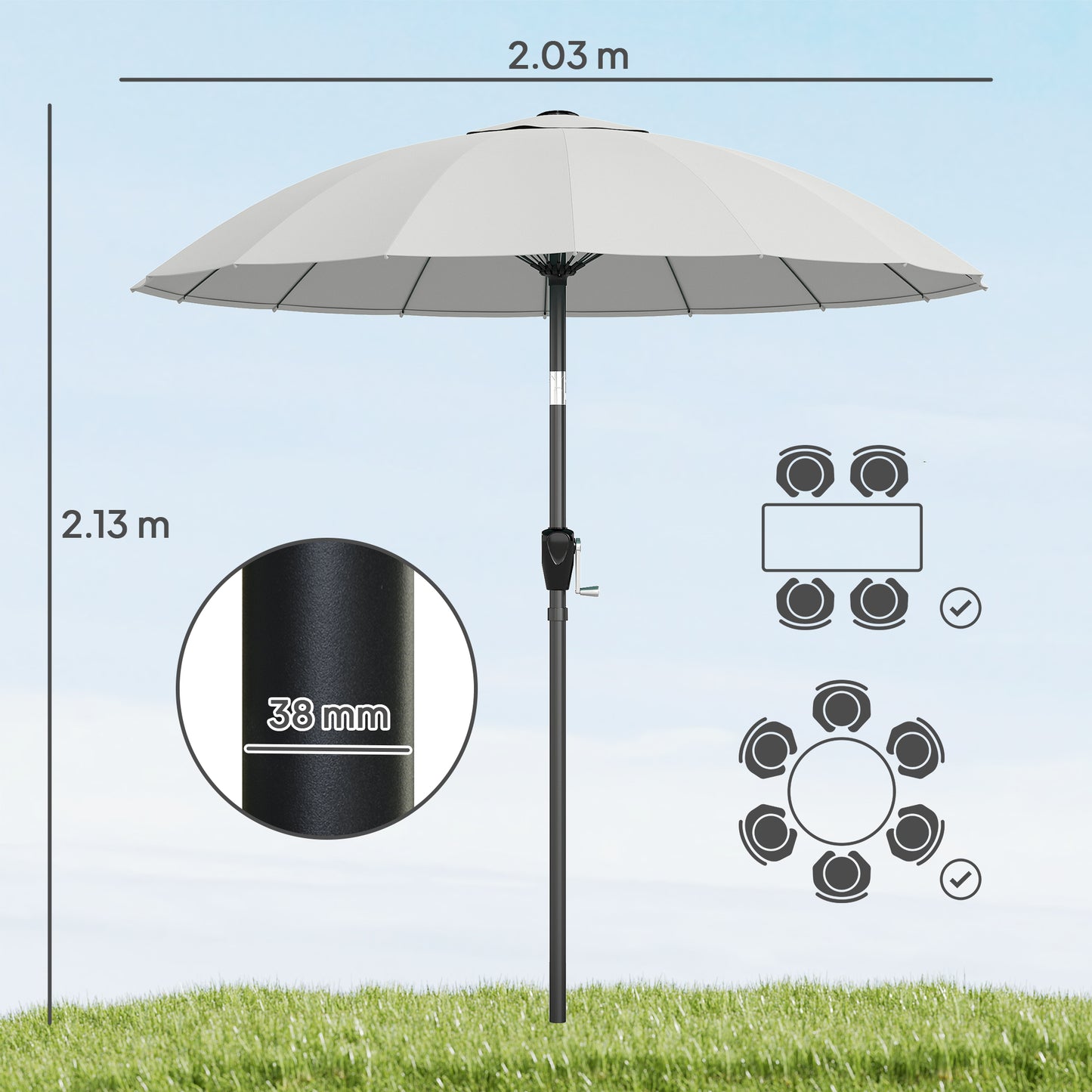 2 m Shanghai Garden Parasol Umbrella with 16 Fibreglass Ribs, Outdoor Parasol Sun Shade with Crank & Tilt, Light Grey