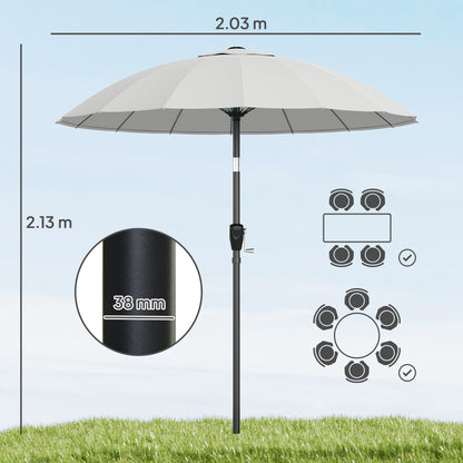 2 m Shanghai Garden Parasol Umbrella with 16 Fibreglass Ribs, Outdoor Parasol Sun Shade with Crank & Tilt, Light Grey