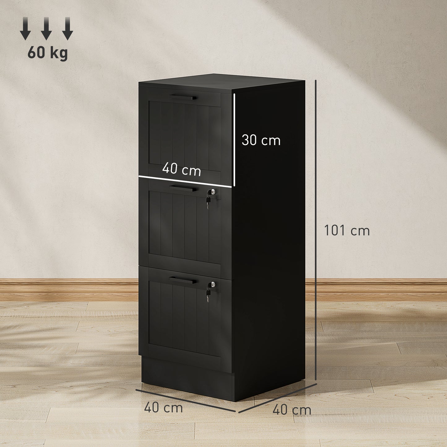 3 Drawer Filing Cabinet with Lock, Office Storage Cabinet with Adjustable Hanging Bars for A4 Letter Size Files, Black