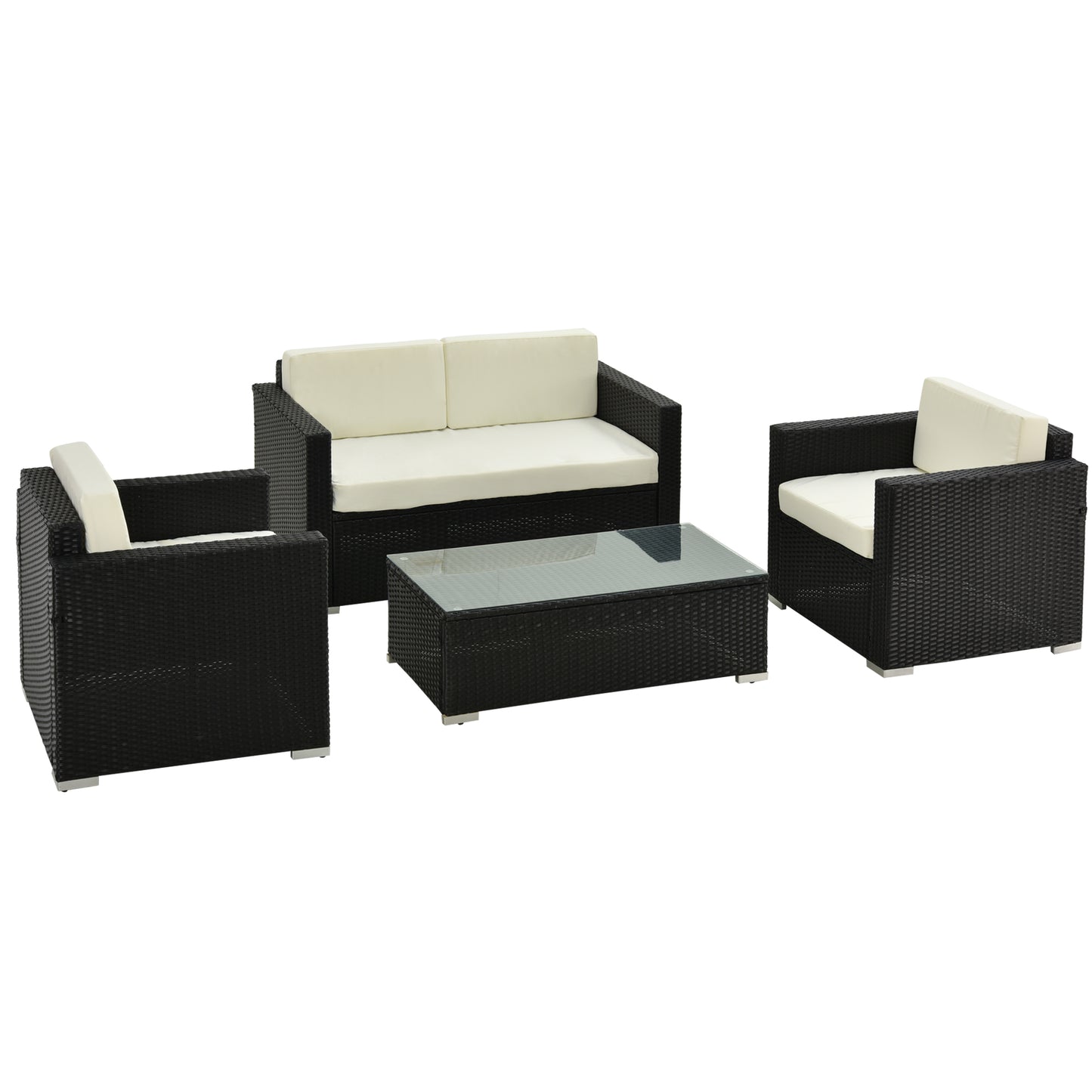 4-Seater Rattan Sofa Set Garden Rattan Furniture Wicker Steel Chair Seat Furniture, Black