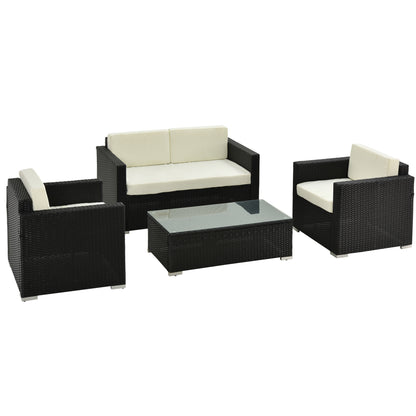 4-Seater Rattan Sofa Set Garden Rattan Furniture Wicker Steel Chair Seat Furniture, Black