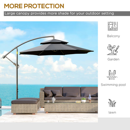 2.7m Banana Parasol Cantilever Umbrella with Crank Handle, Double Tier Canopy and Cross Base for Outdoor, Hanging Sun Shade