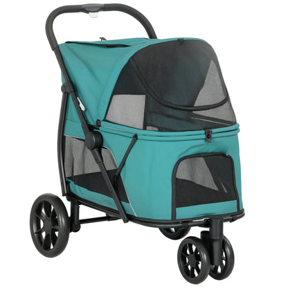 Dog Stroller, 3 Wheels Pet Stroller with Dual Entry, Easy One-Click Quick Fold, Mesh Windows, Washable Cushion