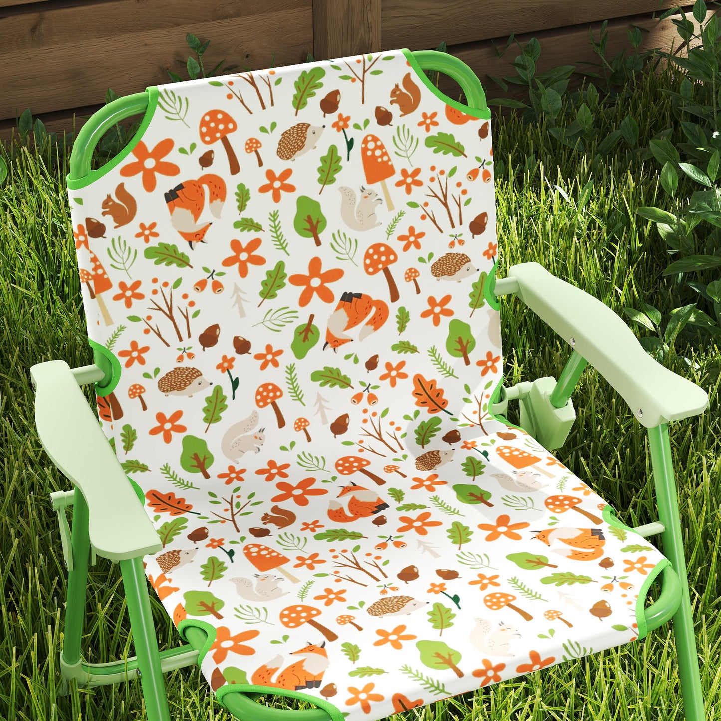 4-Piece Kids Garden Table and Chair Set with Adjustable Parasol, Folding Chairs, Table, Nature Pattern, Green