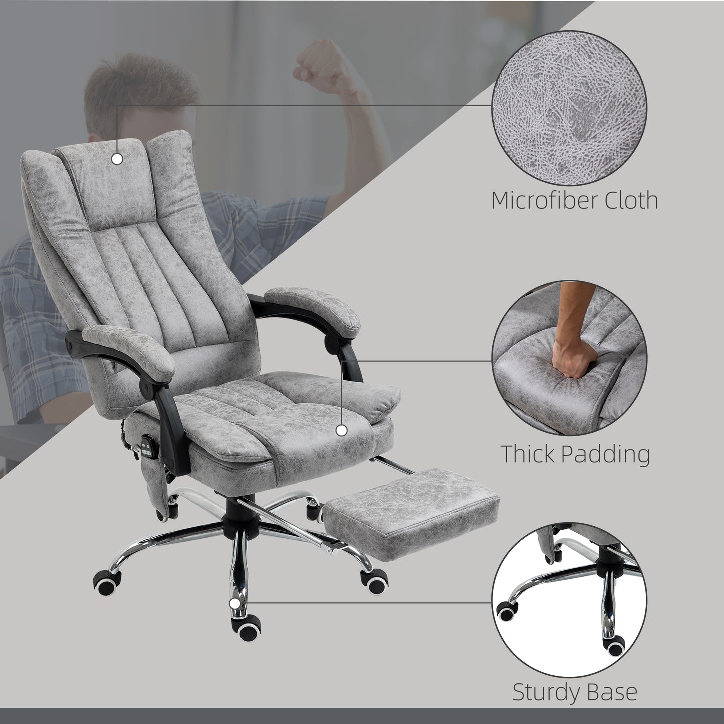 Office Chair with Massage and Heat, Microfibre Reclining Computer Desk Chair with Footrest and Adjustable Height