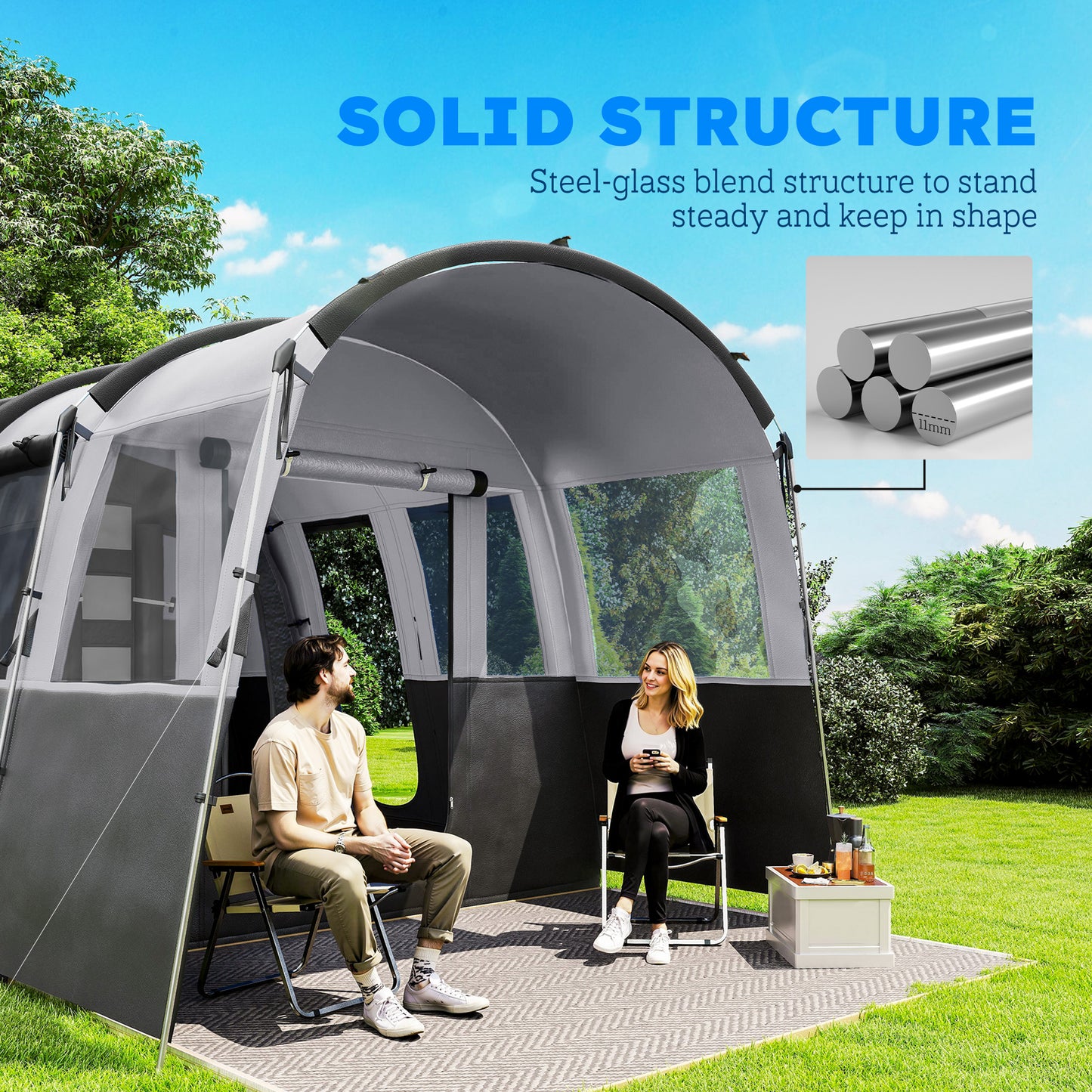 4 Person Camping Tent, Waterproof Family Tent, Tunnel Design, 4 Large Windows, Sleeping Cabins 3000mm Water Column Grey