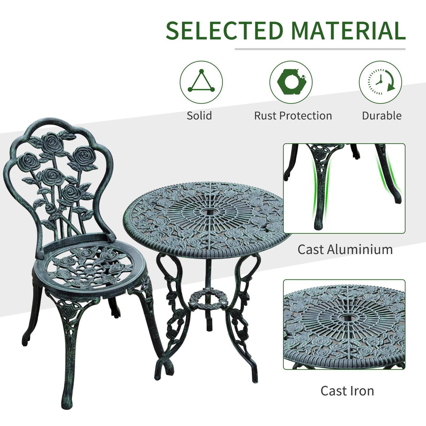 Cast Aluminium Outdoor Patio Garden Bistro Elegant Design Table Chair Set - Green (3-Piece)