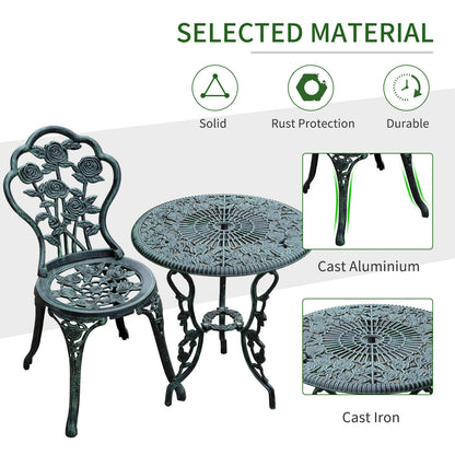 Cast Aluminium Outdoor Patio Garden Bistro Elegant Design Table Chair Set - Green (3-Piece)