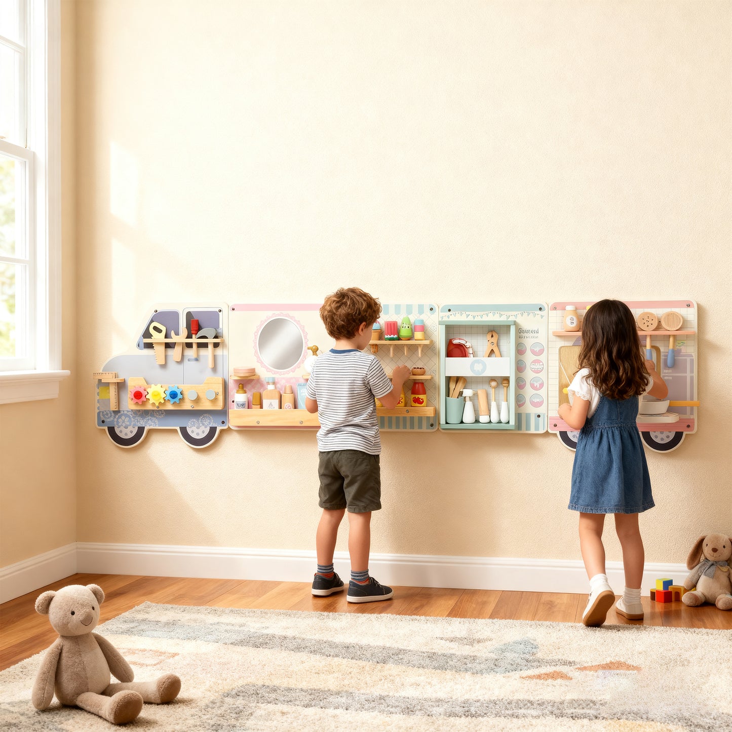 Wooden Busy Board, 5 in 1 Activity Wall Panels for Kids 3+ Years, for Daycare, Playroom, Home