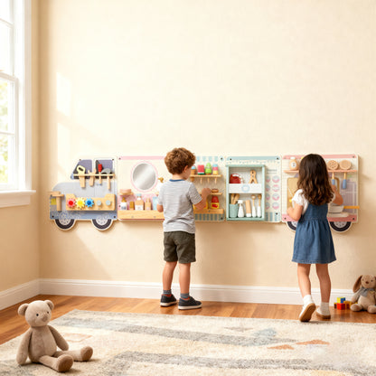 Wooden Busy Board, 5 in 1 Activity Wall Panels for Kids 3+ Years, for Daycare, Playroom, Home