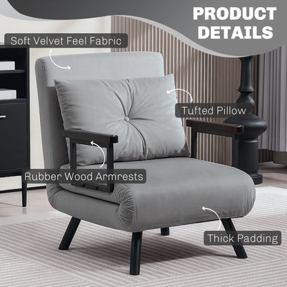 4-in-1 Velvet-Feel Single Chair Bed, with Pillow - Light Grey