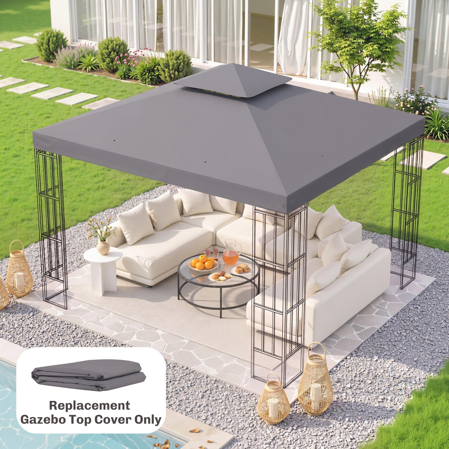 3(m) Gazebo Top Cover Double Tier Canopy Replacement Pavilion Roof Deep Grey