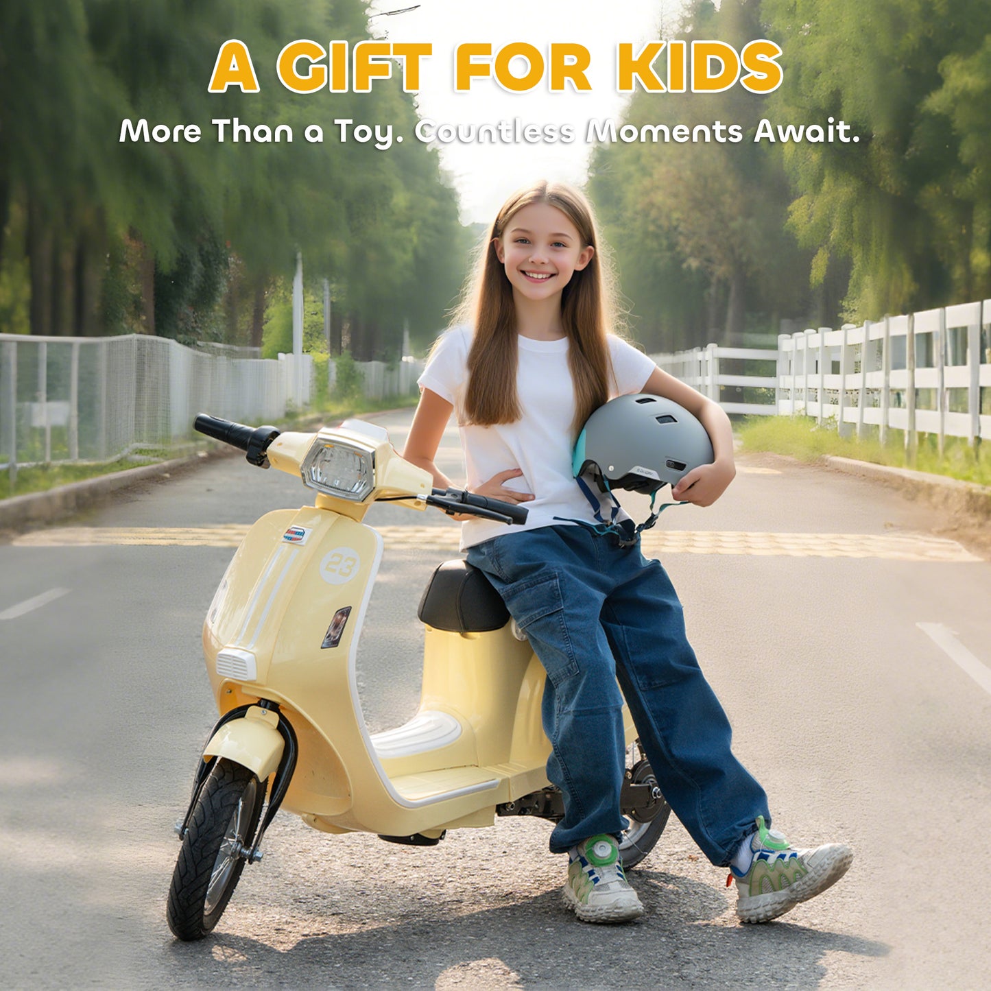 24V Kids Electric Motorbike, Ride on Motorcycle with Manual Throttle, Brakes and LED Lights for Ages 8-12 Years, Beige