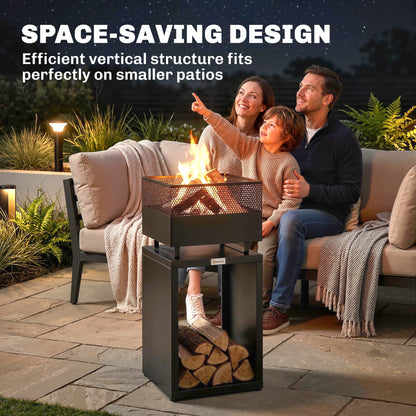 Outdoor Fire Pit with Wood Storage Wood Burning Firepit with Mesh Sides 87 cm Black