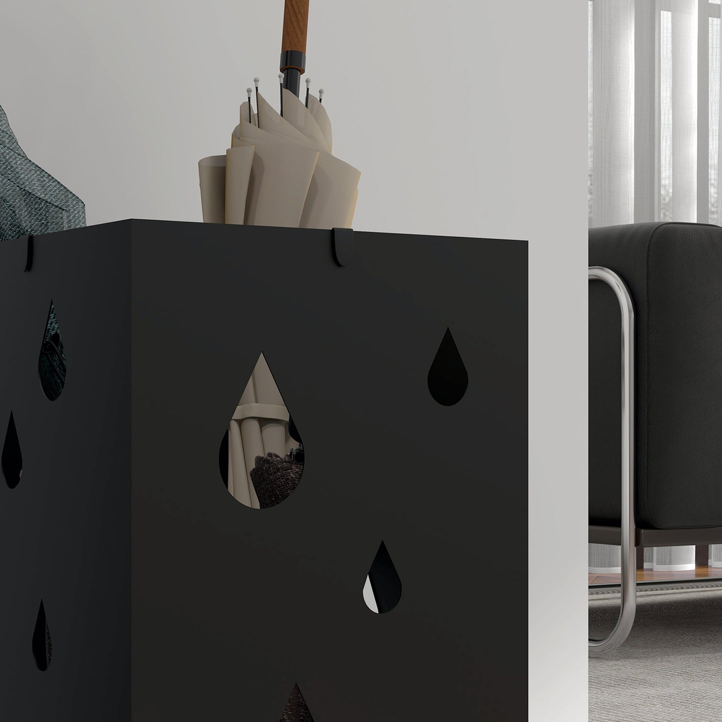 Steel Umbrella Stand, Square Umbrella Holder with 4 Hooks and Removable Drip Tray, Hollowed Umbrella Basket for Hallway