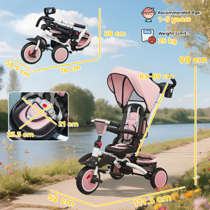 6 in 1 Foldable Kids Trike with Adjustable Parent Handle & Canopy for Ages 1-5, Pink