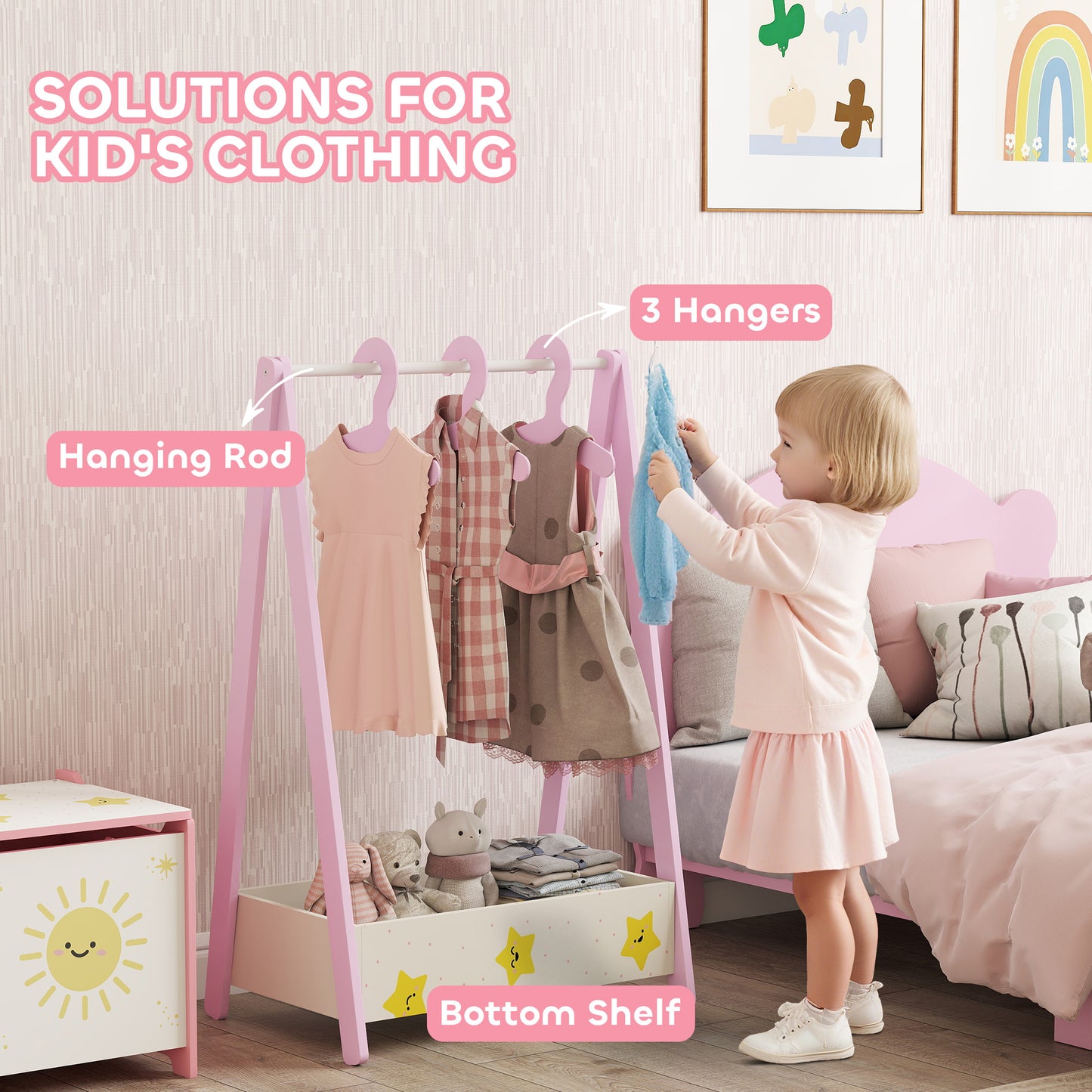 Baby Clothing Rack with Hangers, Storage Shelf for Bedroom, Star Theme, for Ages 3-6, Pink