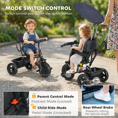 6 in 1 Tricycle for Kids with 5-point harness straps, Removable Canopy, Dark Blue