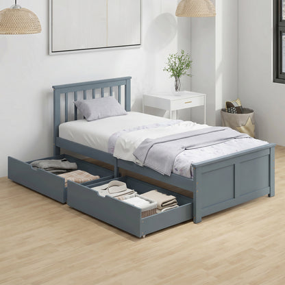 Pine Storage Bed, 3ft Single Solid Wooden Bed Frame with Drawers, Headboard, Wood Slat Support, Grey